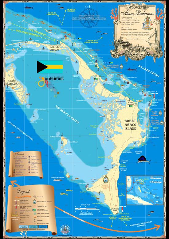 The Abaco Islands form the northern edge of the Bahamas, east of Palm Beach. They rest along the edge of the Little Bahama Bank some 800 miles south of Bermuda, across the open Atlantic Ocean.