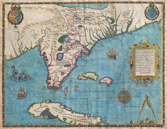This 1591 antique map shows Florida and The Bahamas, as it was understood at that time.