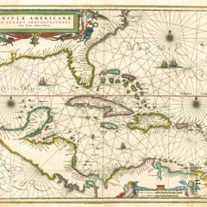 This 1636 antique map shows the Caribbean, as well as the Bahamas, Florida, the Gulf of Mexico and northern coast of South America.