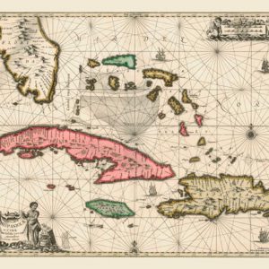 This antique map is circa 1650 and was a collaboration of Valk, Jansson & Schenk. It shows central and southern Florida, The Bahamas, Cuba, Jamaica and the Dominican Republic.