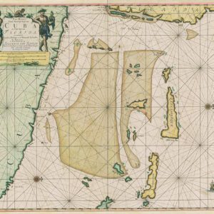 This 1695 antique map shows the coast of Cuba and Florida, and parts of the Bahamas.