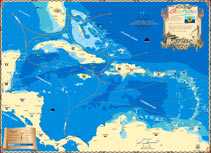 Map of the entire Caribbean, covering the islands and coasts of many locations including Florida